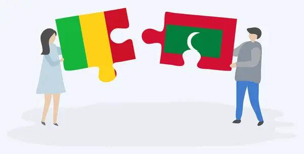 Couple Holding Two Puzzles Pieces Malian Maldivian Flags Mali Maldives — Stock Vector