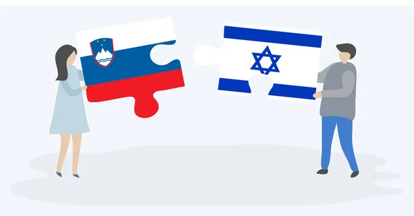 Paar Houden Twee Puzzels Stukken Met Sloveense Israëlische Vlaggen Slovenië — Stockvector