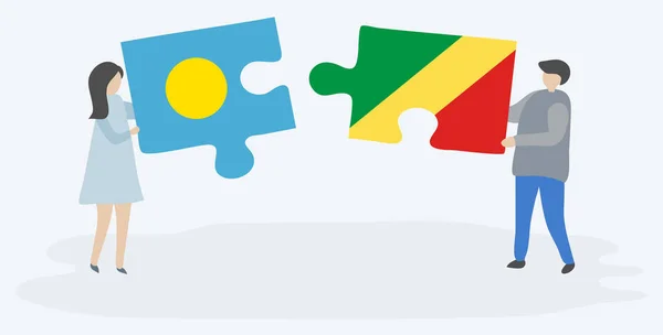 Paar Houden Twee Puzzels Stukken Met Palauan Congolese Vlaggen Palau — Stockvector