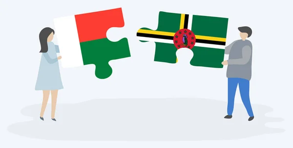 Par Som Innehar Två Pusselbitar Med Madagassiska Och Dominikanska Flaggor — Stock vektor