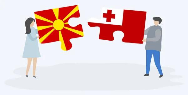 Casal Segurando Duas Peças Quebra Cabeças Com Bandeiras Macedônia Tongan —  Vetores de Stock