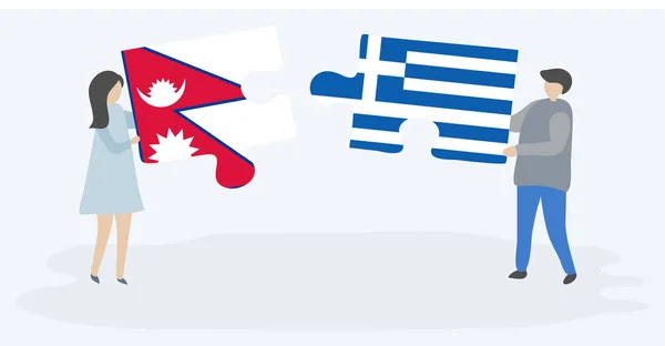 Ζευγάρι Που Κρατά Δύο Κομμάτια Παζλ Νεπάλ Και Ελληνικές Σημαίες — Διανυσματικό Αρχείο