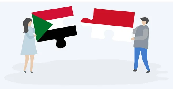 Par Som Innehar Två Pusselbitar Med Sudanesiska Och Monegasque Flaggor — Stock vektor