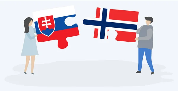 Par Som Innehar Två Pusselbitar Med Slovakiska Och Norska Flaggor — Stock vektor