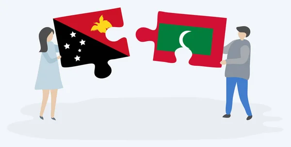 Casal Segurando Duas Peças Quebra Cabeças Com Bandeiras Papuas Maldivas —  Vetores de Stock