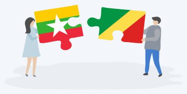 Birmanya ve Kongo bayrakları ile iki bulmaca parçaları tutan çift. Myanmar ve Kongo Cumhuriyeti ulusal sembolleri birlikte.