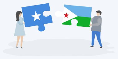 Çift Somali ve Cibuti bayrakları ile iki bulmaca parçaları tutan. Somali ve Cibuti ulusal sembolleri birlikte.