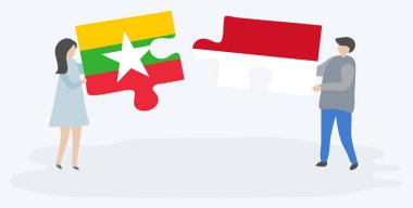 Çift Birmanya ve Endonezya bayrakları ile iki bulmaca parçaları tutan. Myanmar ve Endonezya ulusal sembolleri birlikte.