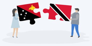 Papuan ve Trinidadian bayrakları ile iki bulmaca parçaları tutan çift. Papua Yeni Gine ve Trinidad ve Tobago ulusal sembolleri birlikte.