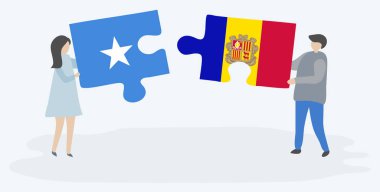 Çift, Somali ve Andorran bayraklarıyla iki bulmaca parçası tutuyor. Somali ve Andorra ulusal sembolleri birlikte.