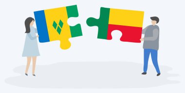 Vincentian ve Beninese bayrakları ile iki bulmaca parçaları tutan çift. Saint Vincent ve Grenadinler ve Benin ulusal sembolleri birlikte.