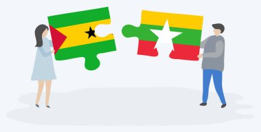 Sao Tomean ve Birmanya bayrakları ile iki bulmaca parçaları tutan çift. Sao Tome ve Principe ve Myanmar ulusal sembolleri birlikte.