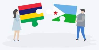 Çift Moritanya ve Cibuti bayrakları ile iki bulmaca parçaları tutan. Mauritius ve Cibuti ulusal sembolleri birlikte.