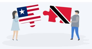 Liberya ve Trinidadian bayrakları ile iki bulmaca parçaları tutan çift. Liberya ve Trinidad ve Tobago ulusal sembolleri birlikte.