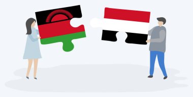 Malavi ve Yemen bayrakları ile iki bulmaca parçaları tutan çift. Malavi ve Yemen ulusal sembolleri birlikte.