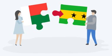 Çift Malagasy ve Sao Tomean bayrakları ile iki bulmaca parçaları tutan. Madagaskar ve Sao Tome ve Principe ulusal sembolleri birlikte.