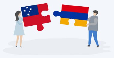 Samoa ve Ermeni bayraklarıyla iki bulmaca tutan çift. Samoa ve Ermenistan ulusal sembolleri birlikte.