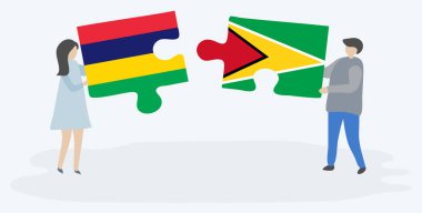 Çift Moritanya ve Guyanese bayrakları ile iki bulmaca parçaları tutan. Mauritius ve Guyana ulusal sembolleri birlikte.