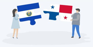 Çift Salvador ve Panama bayrakları ile iki bulmaca parçaları tutan. El Salvador ve Panama ulusal sembolleri birlikte.