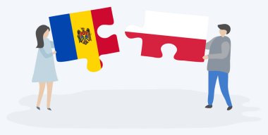 Moldova ve Polonya bayrakları ile iki bulmaca parçaları tutan çift. Moldova ve Polonya ulusal sembolleri birlikte.