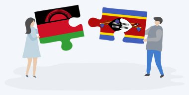 Malavi ve Swazi bayrakları ile iki bulmaca parçaları tutan çift. Malavi ve Svaziland ulusal sembolleri birlikte.