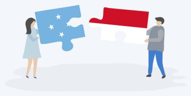 Mikronezya ve Endonezya bayrakları ile iki bulmaca parçaları tutan çift. Mikronezya ve Endonezya ulusal sembolleri birlikte.