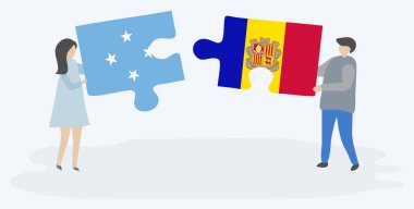 Mikronezya ve Andorran bayrakları ile iki bulmaca parçaları tutan çift. Mikronezya ve Andorra ulusal sembolleri birlikte.