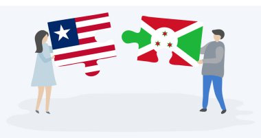 Liberya ve Burundi bayrakları ile iki bulmaca parçaları tutan çift. Liberya ve Burundi ulusal sembolleri birlikte.