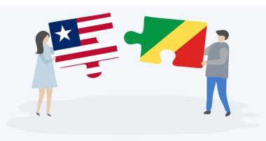 Liberya ve Kongo bayraklarıile iki bulmaca parçası tutan çift. Liberya ve Kongo Cumhuriyeti ulusal sembolleri birlikte.