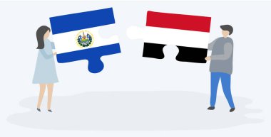 Salvador ve Yemen bayrakları ile iki bulmaca parçaları tutan çift. El Salvador ve Yemen ulusal sembolleri birlikte.
