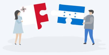 Malta ve Honduras bayrakları yla iki bulmaca tutan çift. Malta ve Honduras ulusal sembolleri birlikte.