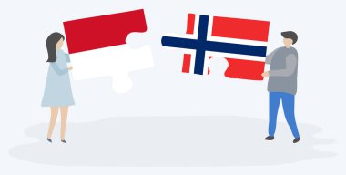 Monegasque ve Norveç bayrakları ile iki bulmaca parçaları tutan çift. Monako ve Norveç ulusal sembolleri birlikte.