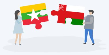 Birmanya ve Umman bayrakları ile iki bulmaca parçaları tutan çift. Myanmar ve Umman ulusal sembolleri birlikte.