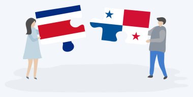 Çift Kosta Rika ve Panama bayrakları ile iki bulmaca parçaları tutan. Kosta Rika ve Panama ulusal sembolleri birlikte.