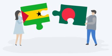Sao Tomean ve Bangladeş bayrakları ile iki bulmaca parçaları tutan çift. Sao Tome ve Principe ve Bangladeş ulusal sembolleri birlikte.