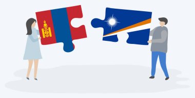 Moğol ve Marshall bayrakları ile iki bulmaca parçaları tutan çift. Moğolistan ve Marshall Adaları ulusal sembolleri birlikte.