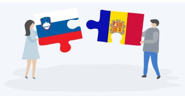 Sloven ve Andorran bayrakları ile iki bulmaca parçaları tutan çift. Slovenya ve Andorra ulusal sembolleri birlikte.