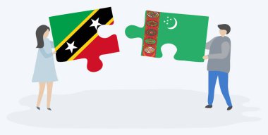 Kittitian ve Türkmen bayrakları ile iki bulmaca parçaları tutan çift. Saint Kitts ve Nevis ve Türkmenistan ulusal sembolleri birlikte.