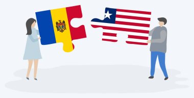 Moldova ve Liberya bayrakları ile iki bulmaca parçaları tutan çift. Moldova ve Liberya ulusal sembolleri birlikte.