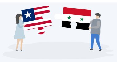 Liberya ve Suriye bayrakları ile iki bulmaca parçaları tutan çift. Liberya ve Suriye ulusal sembolleri birlikte.