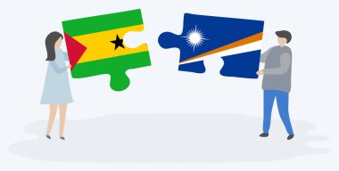 Sao Tomean ve Marshall bayrakları ile iki bulmaca parçaları tutan çift. Sao Tome ve Principe ve Marshall Adaları ulusal sembolleri birlikte.