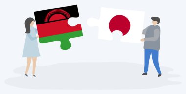 Malavi ve Japon bayrakları ile iki bulmaca parçaları tutan çift. Malavi ve Japonya ulusal sembolleri birlikte.