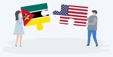 Mozambik ve Amerikan bayrakları ile iki bulmaca parçaları tutan çift. Mozambik ve Amerika Birleşik Devletleri ulusal sembolleri birlikte.
