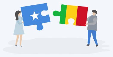 Çift, Somali ve Mali bayraklarıyla iki bulmaca parçası tutuyor. Somali ve Mali ulusal sembolleri birlikte.