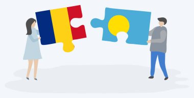 Romen ve Palauan bayrakları ile iki bulmaca parçaları tutan çift. Romanya ve Palau ulusal sembolleri birlikte.