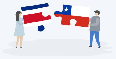 Çift Kosta Rika ve Şili bayrakları ile iki bulmaca parçaları tutan. Kosta Rika ve Şili ulusal sembolleri birlikte.