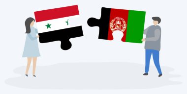 Suriye ve Afgan bayrakları ile iki bulmaca parçaları tutan çift. Suriye ve Afganistan ulusal sembolleri birlikte.