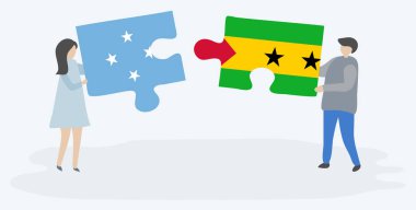 Mikronezya ve Sao Tomean bayrakları ile iki bulmaca parçaları tutan çift. Mikronezya ve Sao Tome ve Principe ulusal semboller ilerler.