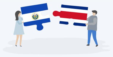 Çift Salvador ve Kosta Rika bayrakları ile iki bulmaca parçaları tutan. El Salvador ve Kosta Rika ulusal sembolleri birlikte.