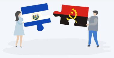 Salvador ve Angolan bayrakları ile iki bulmaca parçaları tutan çift. El Salvador ve Angola ulusal sembolleri birlikte.